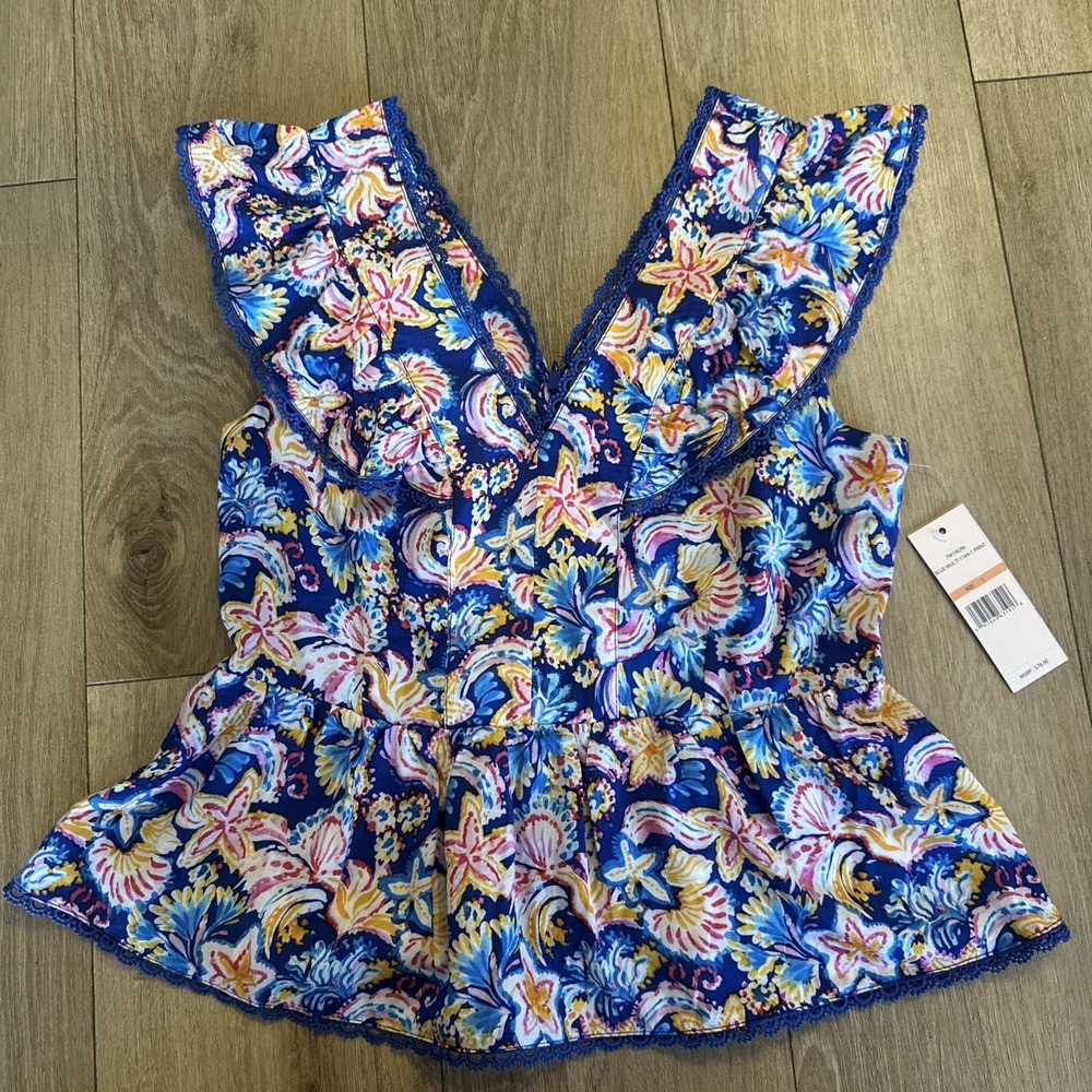 Nannette Lepore Women's Ruffle Sleeveless Floral Peplum Blouse Blue Size Small - Picture 1 of 10
